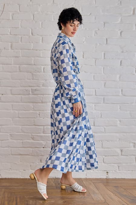 Buy_Taro_Multi Color Cotton Block Printed Blue Pixel Skirt _Online_at_Aza_Fashions