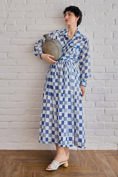 Buy_Taro_Multi Color Cotton Block Printed Blue Pixel Skirt 