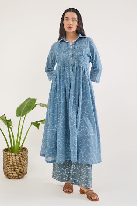 Taro Blue Cotton Collared Confetti Dot Printed Dewdrop Dance Dress