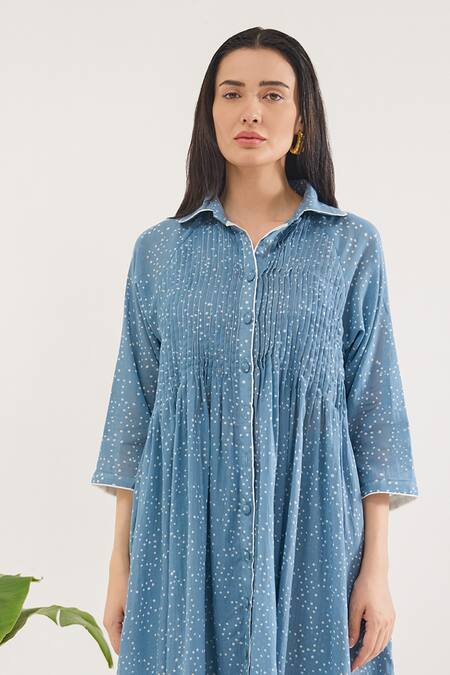 Shop Taro Blue Cotton Collared Confetti Dot Printed Dewdrop Dance Dress Online at Aza Fashions Shop_Taro_Blue Cotton Collared Confetti Dot Printed Dewdrop Dance Dress _Online_at_Aza_Fashions
