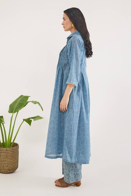 Taro Blue Cotton Collared Confetti Dot Print Co-ord Set Online at Aza Fashions Taro_Blue Cotton Collared Confetti Dot Print Co-ord Set _Online_at_Aza_Fashions