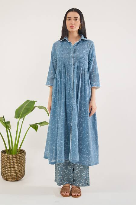 Shop Taro Blue Cotton Collared Confetti Dot Print Co-ord Set Online at Aza Fashions Shop_Taro_Blue Cotton Collared Confetti Dot Print Co-ord Set _Online_at_Aza_Fashions