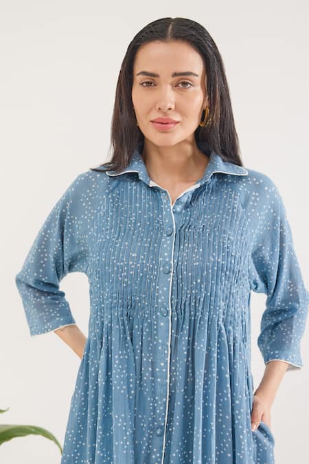 Buy Taro Blue Cotton Collared Confetti Dot Print Co-ord Set Buy_Taro_Blue Cotton Collared Confetti Dot Print Co-ord Set