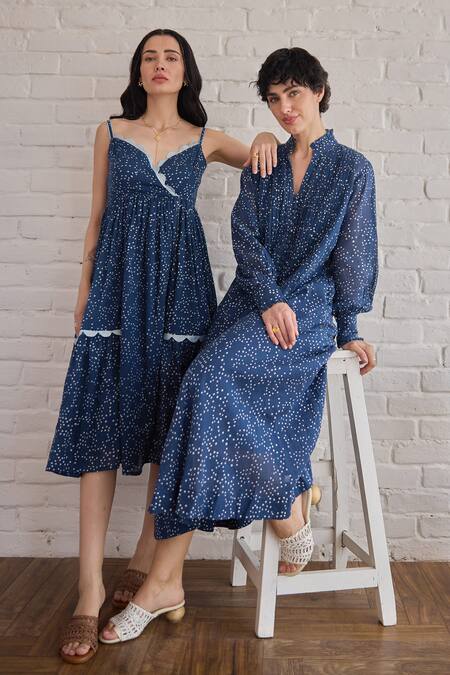Buy Taro Blue Cotton Scoop Neck Starlit Indigo Confetti Dot Dress Online at Aza Fashions Buy_Taro_Blue Cotton Scoop Neck Starlit Indigo Confetti Dot Dress _Online_at_Aza_Fashions