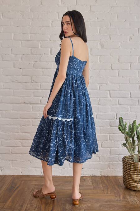 Shop Taro Blue Cotton Scoop Neck Starlit Indigo Confetti Dot Dress Online at Aza Fashions Shop_Taro_Blue Cotton Scoop Neck Starlit Indigo Confetti Dot Dress _Online_at_Aza_Fashions
