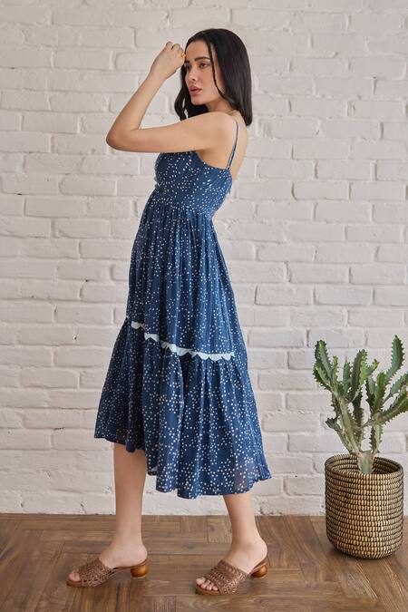 Taro Blue Cotton Scoop Neck Starlit Indigo Confetti Dot Dress at Aza Fashions Taro_Blue Cotton Scoop Neck Starlit Indigo Confetti Dot Dress _at_Aza_Fashions