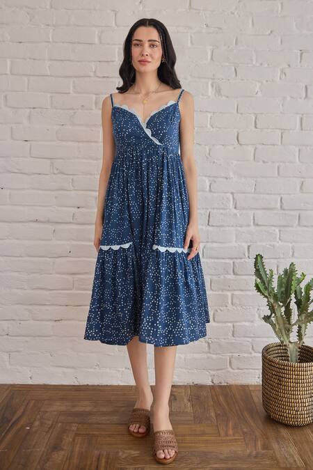 Buy Taro Blue Cotton Scoop Neck Starlit Indigo Confetti Dot Dress Buy_Taro_Blue Cotton Scoop Neck Starlit Indigo Confetti Dot Dress