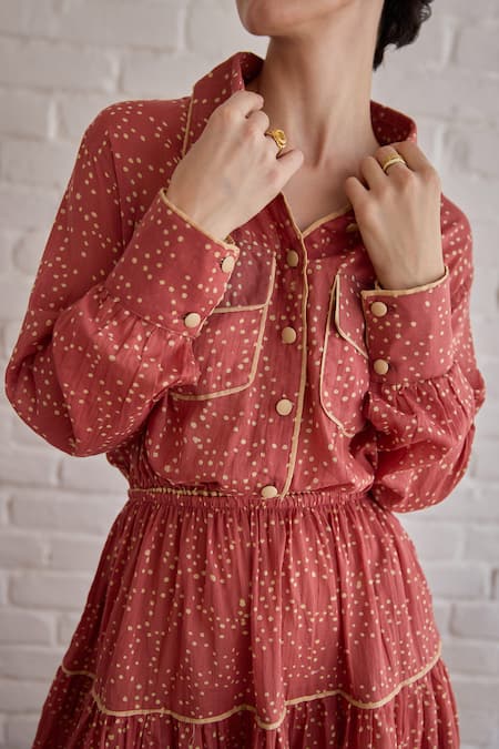 Taro Red Cotton Collared Confetti Dot Printed Rose Meadow Shirt Online at Aza Fashions Taro_Red Cotton Collared Confetti Dot Printed Rose Meadow Shirt _Online_at_Aza_Fashions