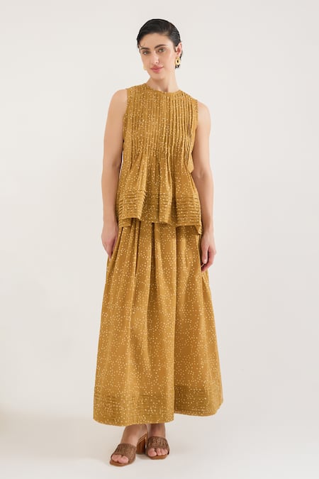 Taro_Mustard Cotton Round Neck Mirage Co-ord Set _Online_at_Aza_Fashions