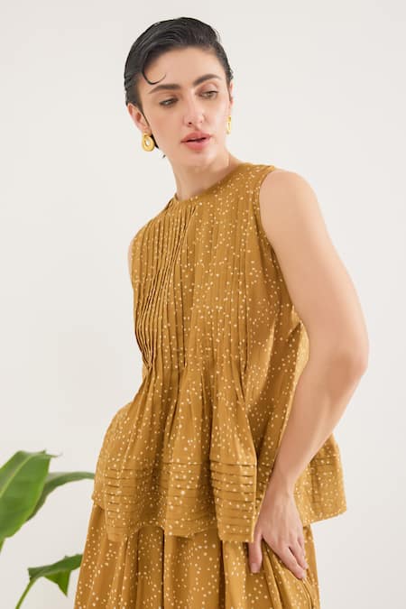 Shop_Taro_Mustard Cotton Round Neck Mirage Co-ord Set _Online_at_Aza_Fashions