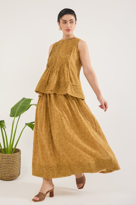 Shop_Taro_Mustard Cotton Round Neck Mirage Co-ord Set 