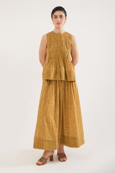 Taro_Mustard Cotton Confetti Dot Printed Skirt _Online_at_Aza_Fashions