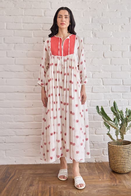 Buy_Taro_White Cotton Embroidery Round Neck Hand-block Print Roselle Dress _Online_at_Aza_Fashions