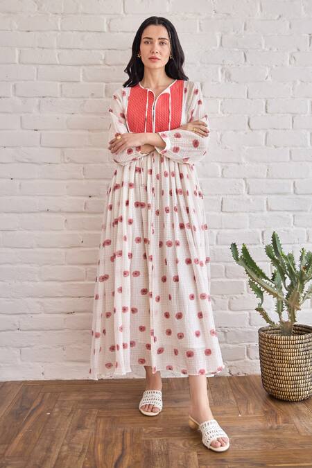 Shop_Taro_White Cotton Embroidery Round Neck Hand-block Print Roselle Dress _Online_at_Aza_Fashions