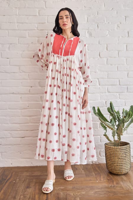 Taro_White Cotton Embroidery Round Neck Hand-block Print Roselle Dress _at_Aza_Fashions