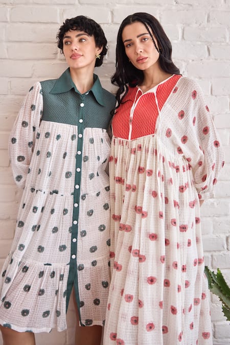 Shop_Taro_White Cotton Embroidery Round Neck Hand-block Print Roselle Dress 