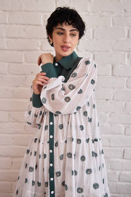 Taro_White Cotton Collared Forest Meadow Hand-block Printed Dress _Online_at_Aza_Fashions