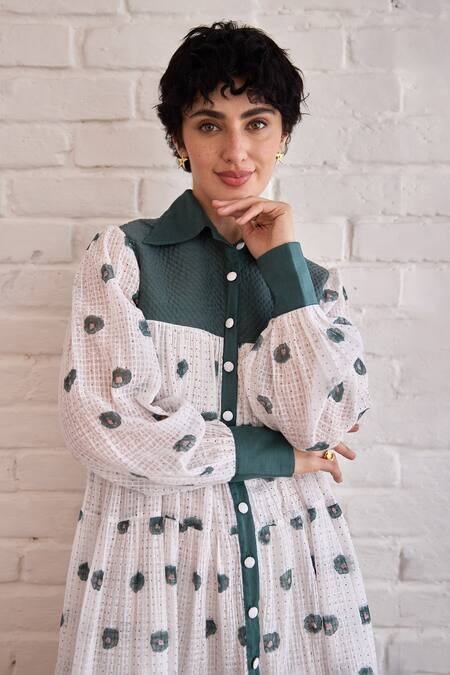 Buy_Taro_White Cotton Collared Forest Meadow Hand-block Printed Dress _Online_at_Aza_Fashions