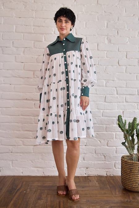 Taro White Cotton Collared Forest Meadow Hand-block Printed Dress