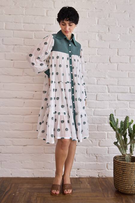 Shop_Taro_White Cotton Collared Forest Meadow Hand-block Printed Dress _Online_at_Aza_Fashions
