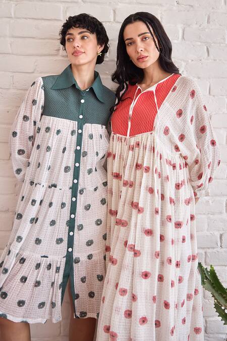 Taro_White Cotton Collared Forest Meadow Hand-block Printed Dress _at_Aza_Fashions