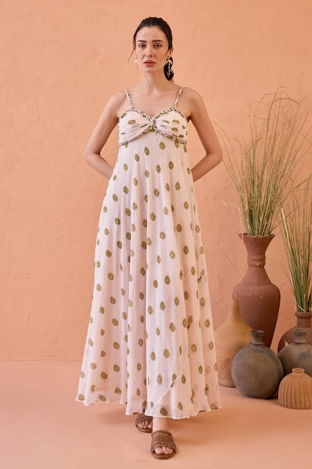Taro Blush Chiffon Embroidery Sweetheart Neck Bloom Hand-block Print Dress 