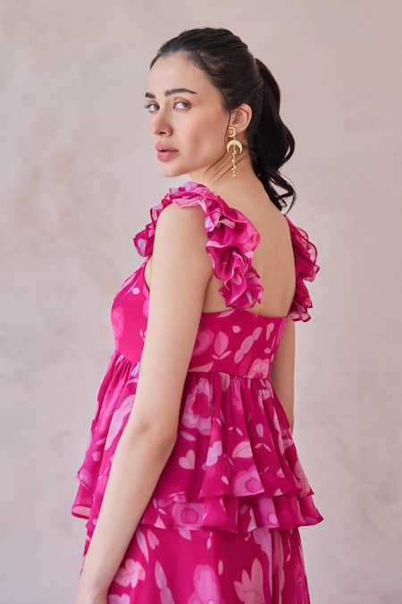 Taro Fuchsia Chiffon Sweetheart Neck Pink Ruffled Designer Dress Online at Aza Fashions Taro_Fuchsia Chiffon Sweetheart Neck Pink Ruffled Designer Dress _Online_at_Aza_Fashions