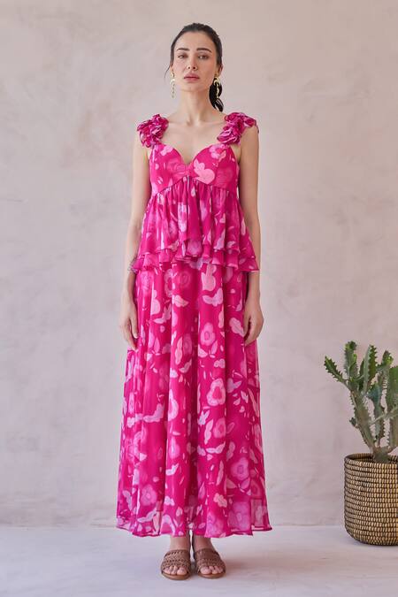 Buy Taro Fuchsia Chiffon Sweetheart Neck Pink Ruffled Designer Dress Online at Aza Fashions Buy_Taro_Fuchsia Chiffon Sweetheart Neck Pink Ruffled Designer Dress _Online_at_Aza_Fashions