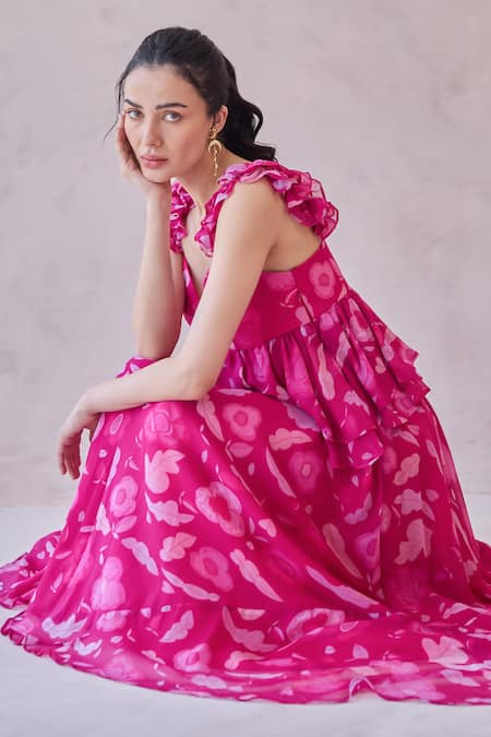 Shop Taro Fuchsia Chiffon Sweetheart Neck Pink Ruffled Designer Dress Online at Aza Fashions Shop_Taro_Fuchsia Chiffon Sweetheart Neck Pink Ruffled Designer Dress _Online_at_Aza_Fashions