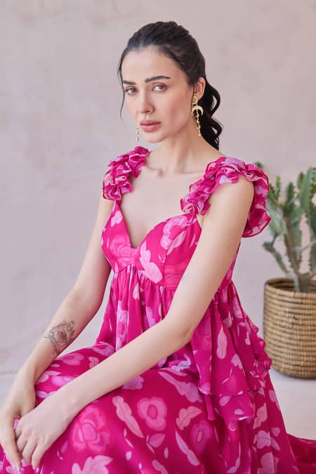 Buy Taro Fuchsia Chiffon Sweetheart Neck Pink Ruffled Designer Dress Buy_Taro_Fuchsia Chiffon Sweetheart Neck Pink Ruffled Designer Dress