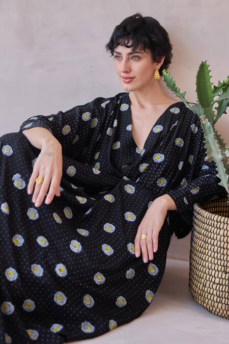 Taro_Black Chanderi Silk V-neck Daisy Drift Hand-block Print Kaftan Dress _Online_at_Aza_Fashions
