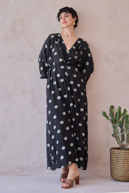 Taro Black Chanderi Silk V-neck Daisy Drift Hand-block Print Kaftan Dress