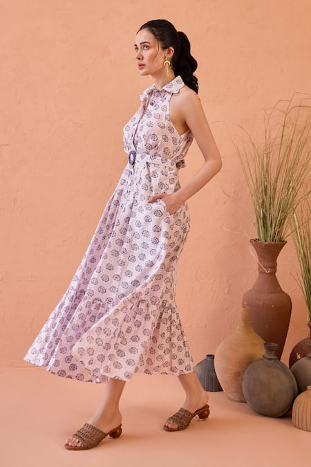 Buy_Taro_Lavender Chanderi Silk Embroidery Halter Neck Hand-block Print Dress _Online_at_Aza_Fashions