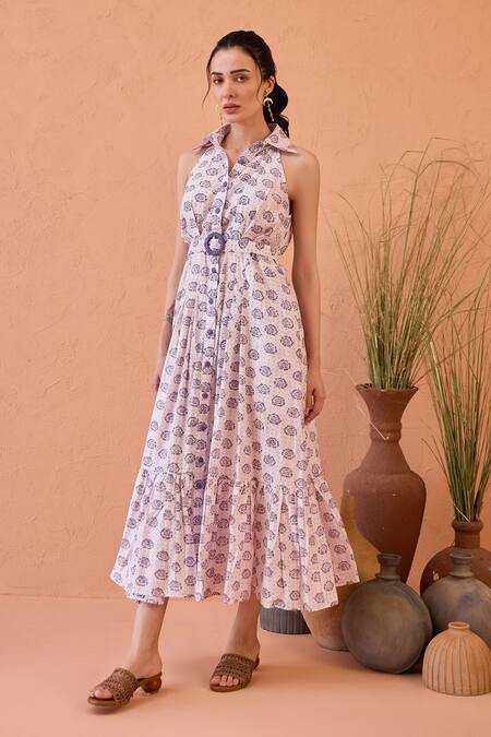 Shop_Taro_Lavender Chanderi Silk Embroidery Halter Neck Hand-block Print Dress _Online_at_Aza_Fashions