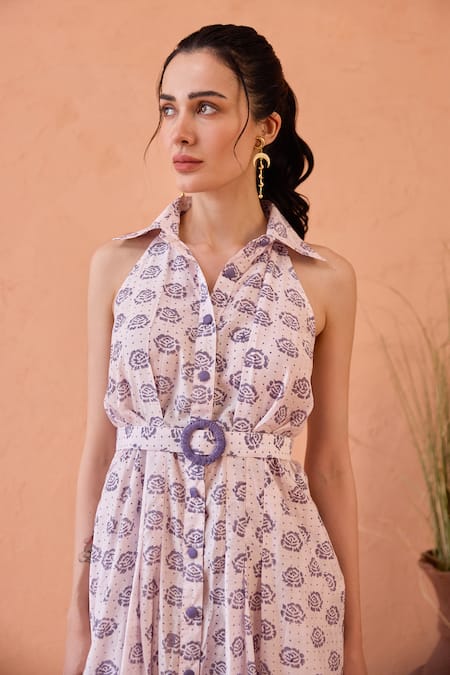 Taro_Lavender Chanderi Silk Embroidery Halter Neck Hand-block Print Dress _at_Aza_Fashions