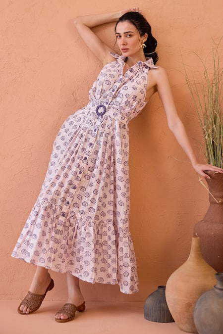 Buy_Taro_Lavender Chanderi Silk Embroidery Halter Neck Hand-block Print Dress 