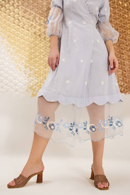The Loom Art_Blue Cotton, Silk Embroidery V-neck Quiet Jamdani Dress _Online_at_Aza_Fashions