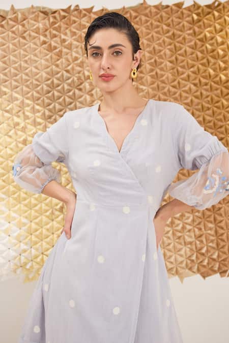 Buy_The Loom Art_Blue Cotton, Silk Embroidery V-neck Quiet Jamdani Dress _Online_at_Aza_Fashions