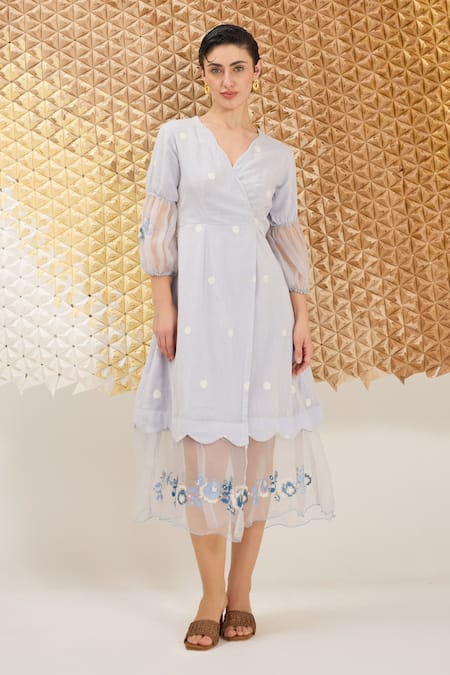 The Loom Art_Blue Cotton, Silk Embroidery V-neck Quiet Jamdani Dress _at_Aza_Fashions