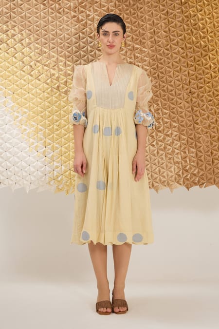Buy_The Loom Art_Cream Jersey, Cotton, Silk V-neck Yellow Handwoven Jamdani Dress _Online_at_Aza_Fashions