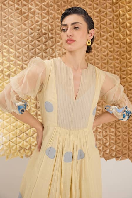 Shop_The Loom Art_Cream Jersey, Cotton, Silk V-neck Yellow Handwoven Jamdani Dress _Online_at_Aza_Fashions