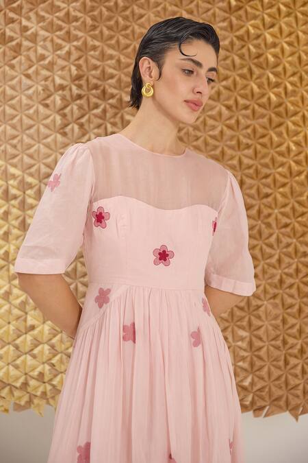 The Loom Art Pink Cotton, Silk Embroidery Round Neck Powder Handwoven Dress Online at Aza Fashions The Loom Art_Pink Cotton, Silk Embroidery Round Neck Powder Handwoven Dress _Online_at_Aza_Fashions