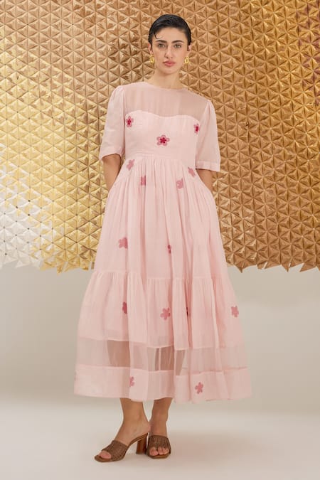 The Loom Art Pink Cotton, Silk Embroidery Round Neck Powder Handwoven Dress