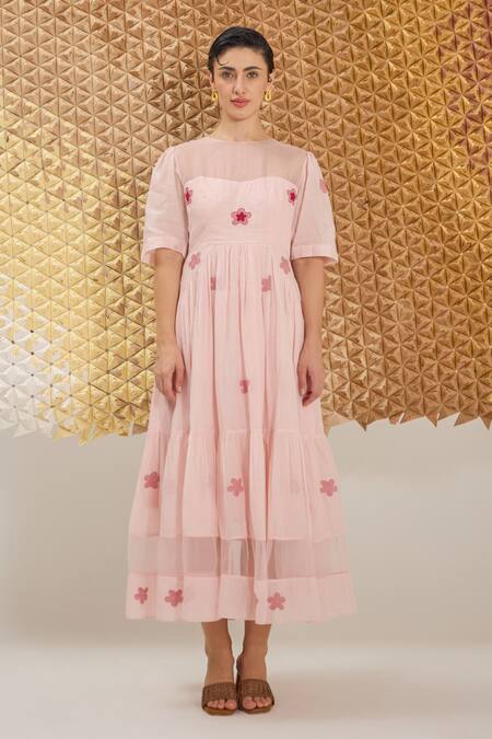 Buy The Loom Art Pink Cotton, Silk Embroidery Round Neck Powder Handwoven Dress Online at Aza Fashions Buy_The Loom Art_Pink Cotton, Silk Embroidery Round Neck Powder Handwoven Dress _Online_at_Aza_Fashions