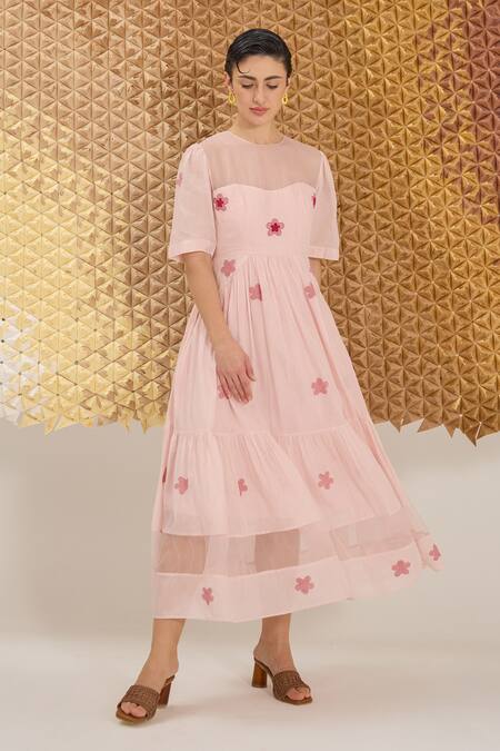 Shop The Loom Art Pink Cotton, Silk Embroidery Round Neck Powder Handwoven Dress Online at Aza Fashions Shop_The Loom Art_Pink Cotton, Silk Embroidery Round Neck Powder Handwoven Dress _Online_at_Aza_Fashions