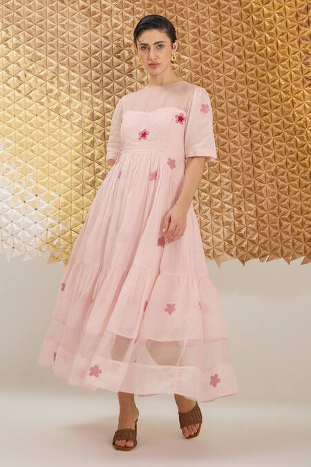 The Loom Art Pink Cotton, Silk Embroidery Round Neck Powder Handwoven Dress at Aza Fashions The Loom Art_Pink Cotton, Silk Embroidery Round Neck Powder Handwoven Dress _at_Aza_Fashions