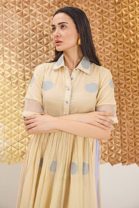 The Loom Art_Cream Cotton, Silk Collared Yellow Handwoven Jamdani Dress _Online_at_Aza_Fashions
