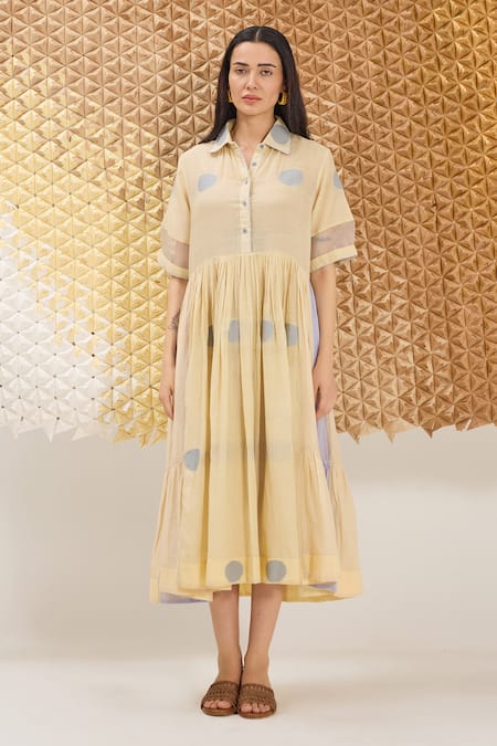 Buy_The Loom Art_Cream Cotton, Silk Collared Yellow Handwoven Jamdani Dress _Online_at_Aza_Fashions