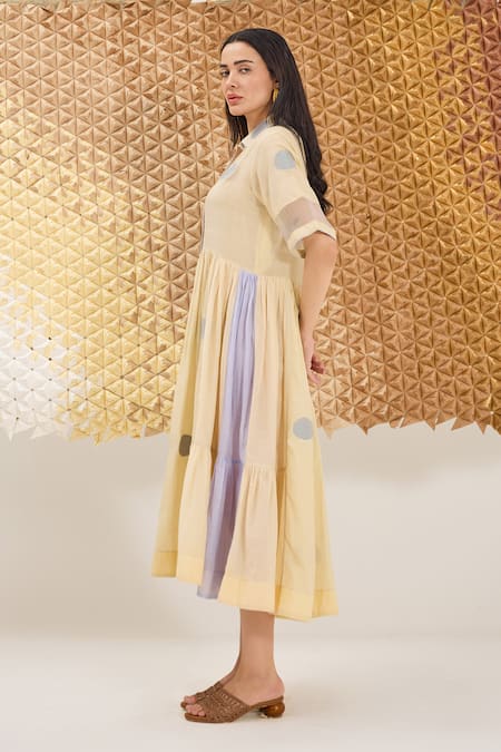 Shop_The Loom Art_Cream Cotton, Silk Collared Yellow Handwoven Jamdani Dress _Online_at_Aza_Fashions