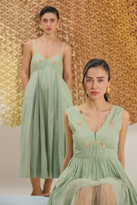 The Loom Art_Green Cotton, Silk Embroidery V-neck Waterfall Handwoven Dress _Online_at_Aza_Fashions